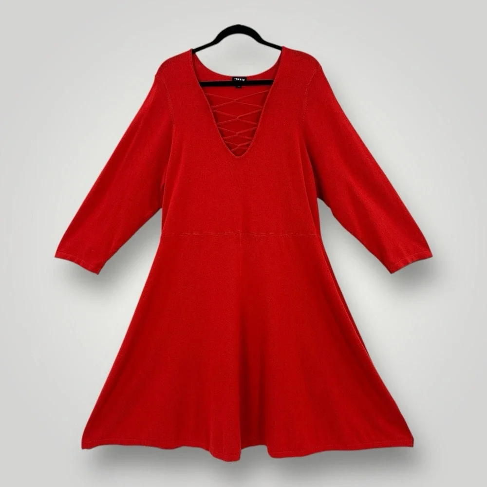 Torrid Criss Cross Neckline Red Skater Knit Sweater‎ Dress Womans 3 3X Stretch